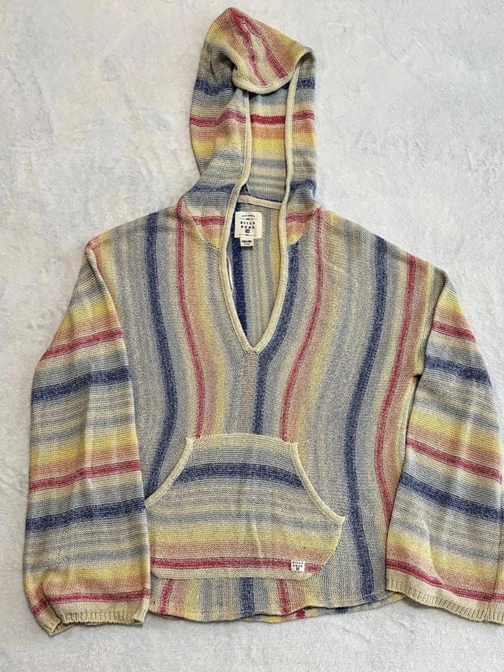 Billabong Baja Beach Hooded Sweater Multicolor Knit Stripe Boho Poncho Size M